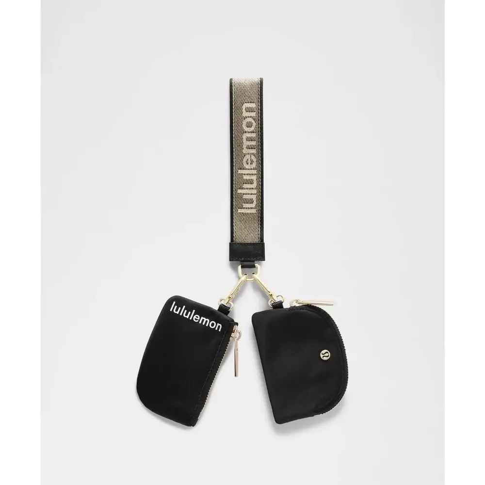 NEW‎ Lululemon Dual Pouch Wristlet Metallic Wordmark Black Gold Keychain Wallet